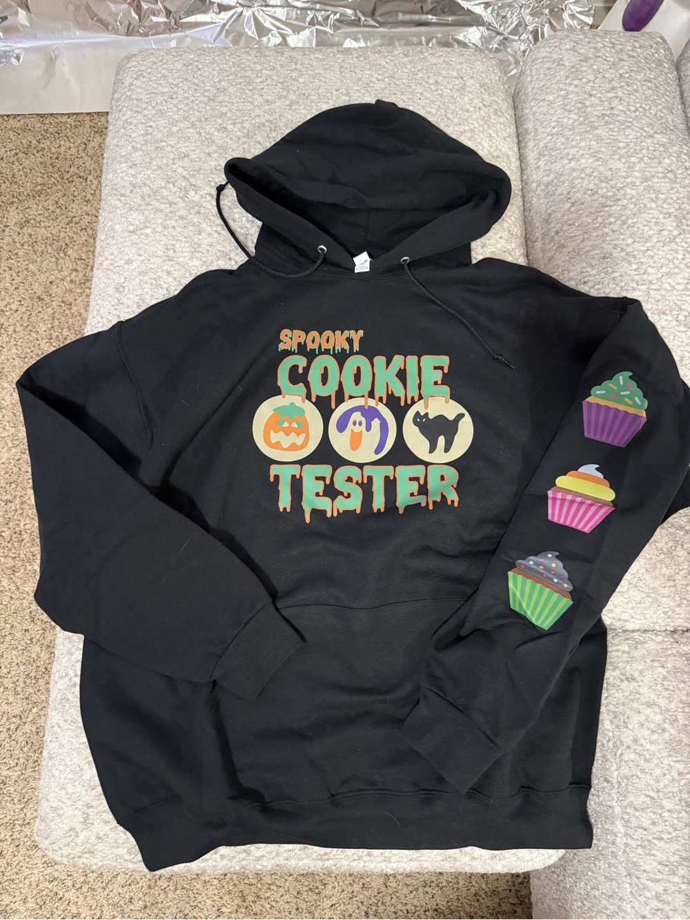 Spooky Cookie Tester Black Halloween Hoodie with Cupcake Sleeve Size XL